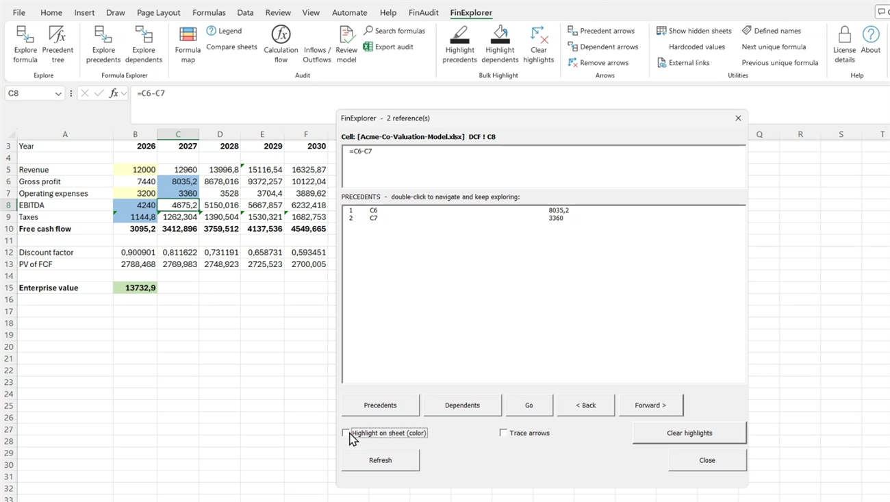 FinExplorer running in Excel. The ribbon shows Explore formula, Precedent tree, Formula map, Compare sheets, Calculation flow and Highlight precedents. A panel lists the two precedents of cell C8 on the DCF sheet.